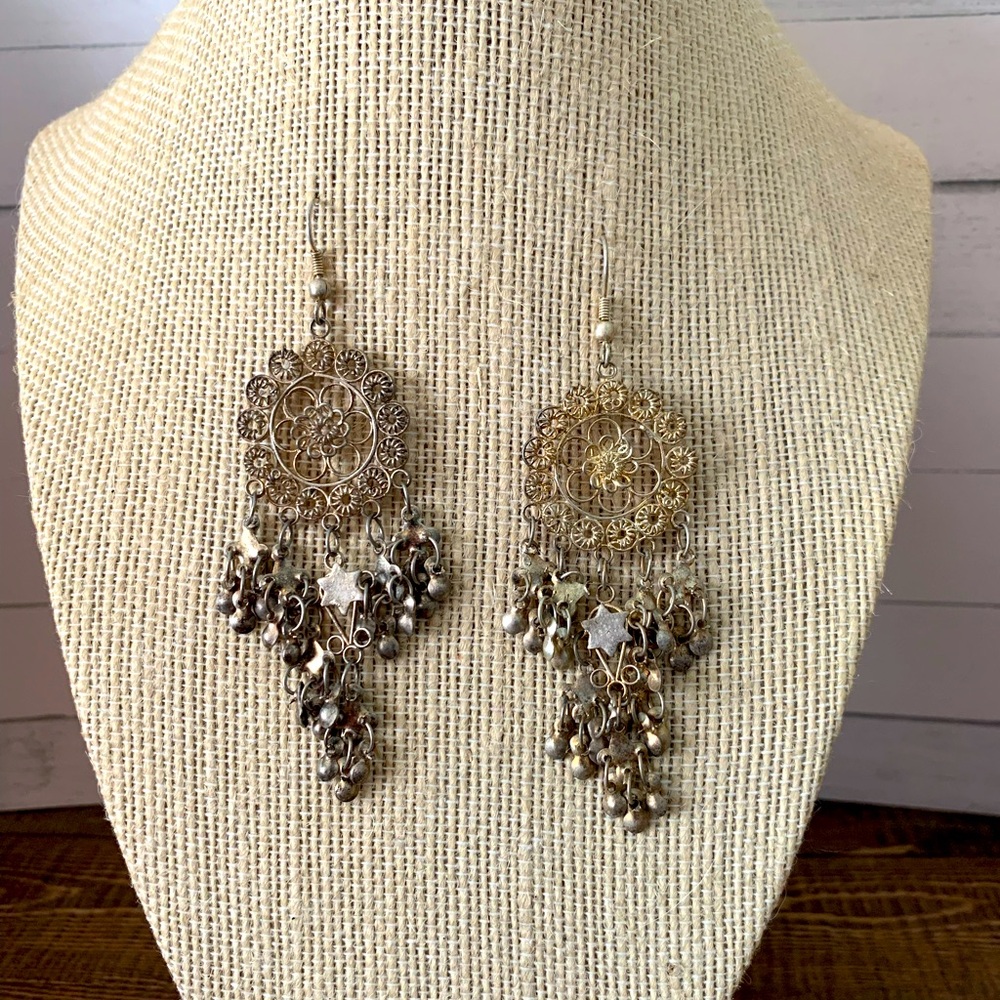 Vintage Silver Filigree Chandelier Earrings 1970s